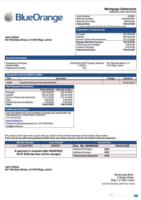 Download Latvia BlueOrange Bank mortgage statement Word and PDF template Photoshop template